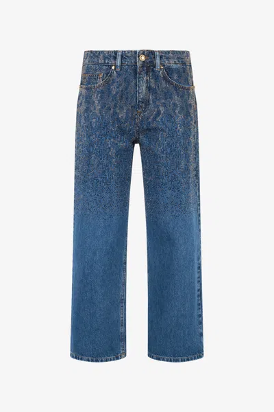 Roberto Cavalli Denim Culottes With Rhinestones In Blue