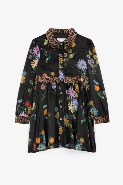 Roberto Cavalli Floral And Jaguar-print Silk Dress In Black