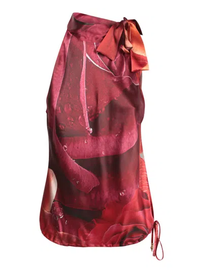 Roberto Cavalli Floral Print Silk Top With Stylish Tie Detail In Red