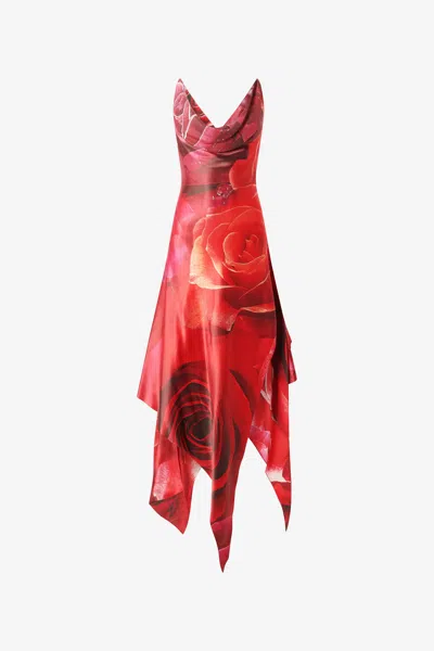 Roberto Cavalli Dress With Asymmetric Skirt And Rose Print In Red