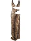 Roberto Cavalli Leopard-print Cut-out Gown In Neutrals