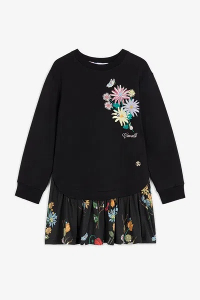 Roberto Cavalli Logo And Floral-embroidered Sweatshirt Dress In Black