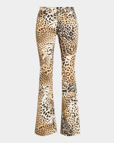 Roberto Cavalli Mid-rise Jaguar-print Flare Jeans In Naturale