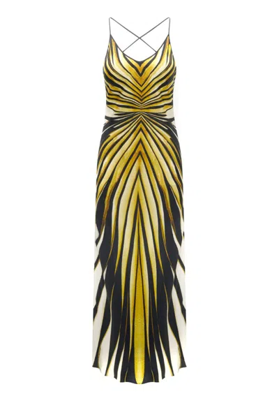 Roberto Cavalli Multicolor Silk Dress With Dynamic Stripes And V-cut Back
