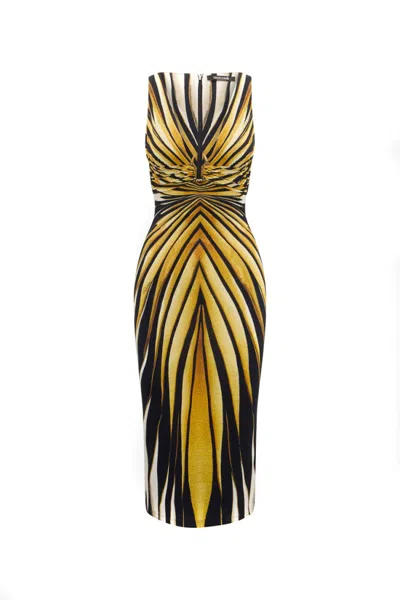 Roberto Cavalli Multicolor Striped Midi Dress With V-neckline And Ruching