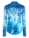 Roberto Cavalli Sicily Ocean-print Crinkle Silk Blouse In Blue