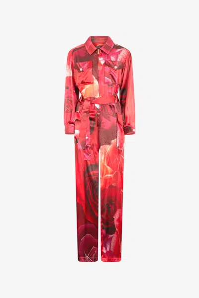 Roberto Cavalli Rose-print Shirt-style Jumpsuit In Red