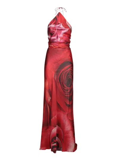 Roberto Cavalli Rose-printed Silk Halter Dress With Flowy Skirt In Red