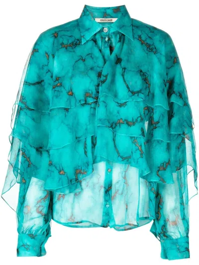 Roberto Cavalli Ruffled Marble-print Shirt In Azul Claro