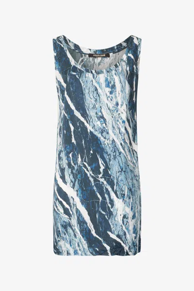 Roberto Cavalli Silk Mini Dress With Marble Print In Dark Blue