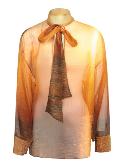 Roberto Cavalli Silk Top With Tie Neck Detail In Orange