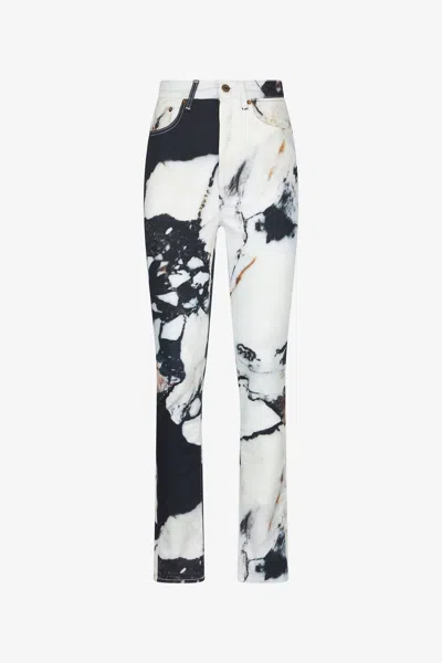 Roberto Cavalli Skinny Trousers With Marble Print In Black/white