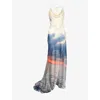 ROBERTO CAVALLI WOMENS BLUE GRAPHIC-PRINT COWL-NECK SILK MAXI DRESS