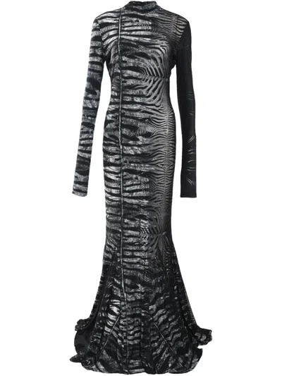 Roberto Cavalli Long See-through Dress With Zebra Motif In Nero/bianco