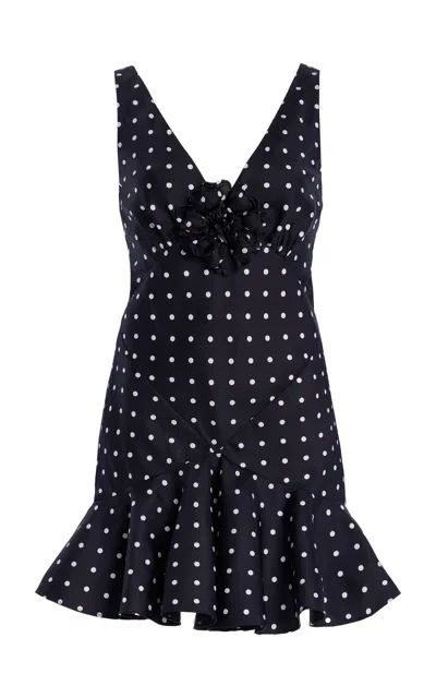 Rodarte Flower-detailed Polka-dot Silk-twill Mini Dress In Black