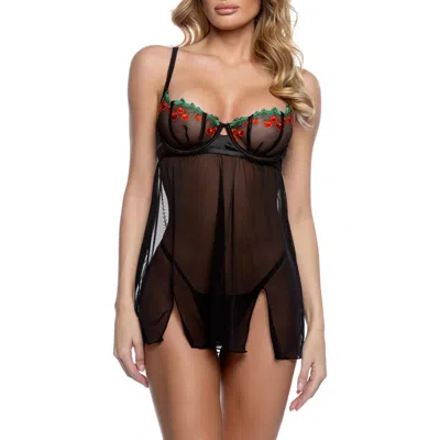 Roma Confidential Cherry Delight Embroidered Mesh Babydoll & G-string Set In Black/multi
