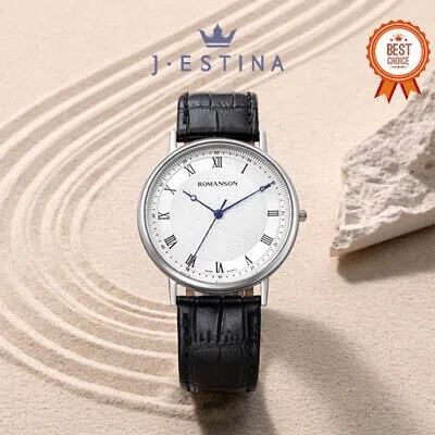 Pre-owned Romanson [j.estina] [] Kyros Classic Slim Leather Wristwatch (rwtlmm2b2003whbk0)