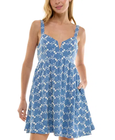 Row A Juniors' Embroidered Babydoll Mini Dress, Created For Macy's In Blue