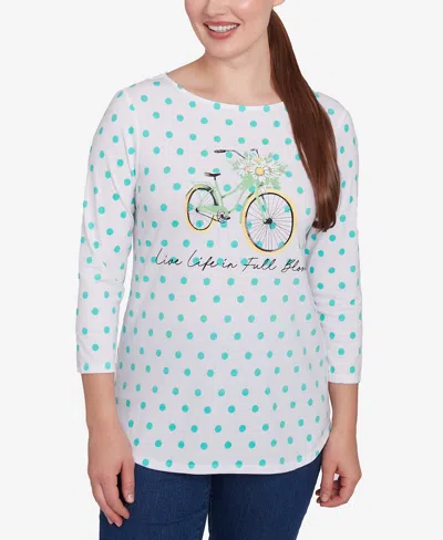 Ruby Rd. Petite Bicycle In Bloom Polka Dot Three Quarter Sleeve T-shirt In Julep Multi