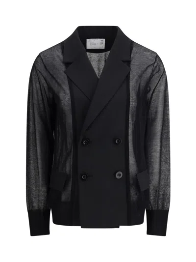 Sacai Semi-transparent Blazer Jacket In Black