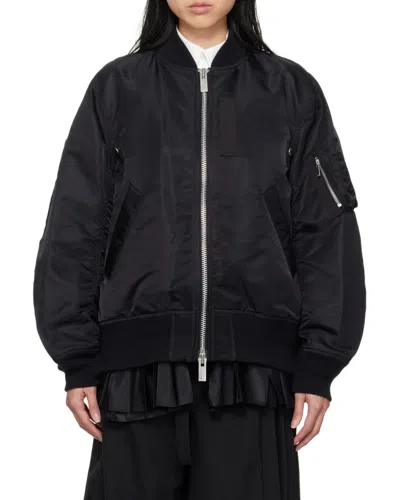 Sacai Pleated-hem Zip-up Bomber Jacket In Black