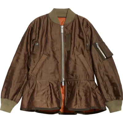 Sacai Quilted Satin Peplum Jacket In Khaki