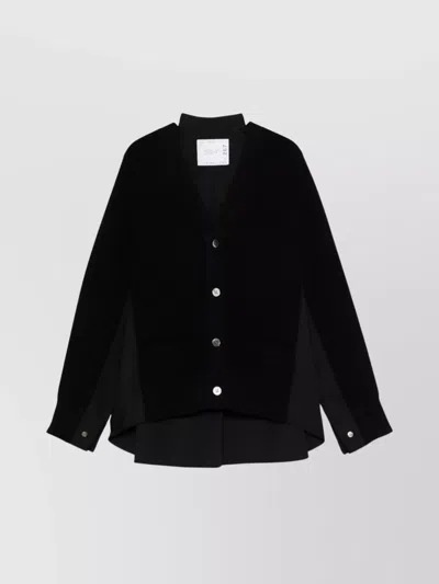 Sacai Ribbed V-neck Cardigan Box-pleat Detail In Black