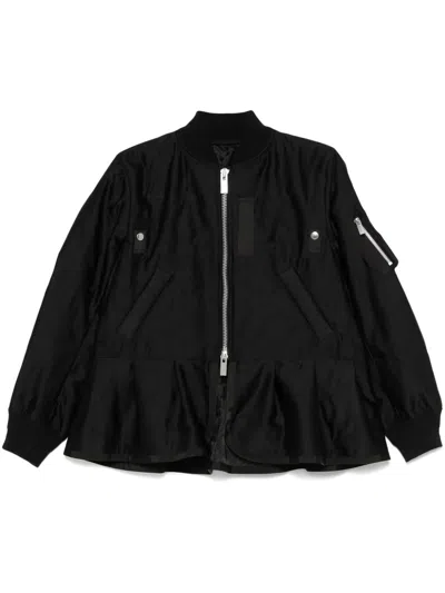 Sacai Grosgrain-trimmed Quilted Satin Peplum Jacket In Black