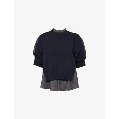 Sacai Womens Contrast-knit Puffed-sleeves Denim Jumper Indigo