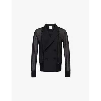 Sacai Womens Black Double-breasted Sheer-knit Cotton-blend Blazer