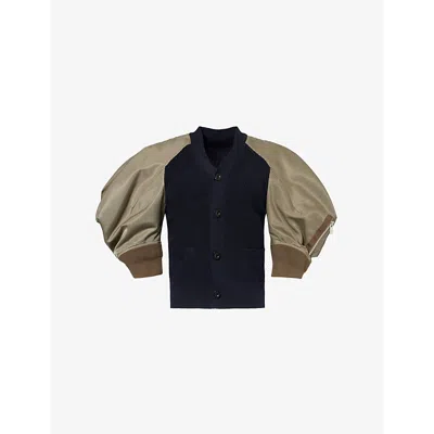 Sacai Womens Navy Taupe Puff-sleeve Hybrid Cotton-nylon Knitted Cardigan