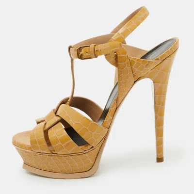 Pre-owned Saint Laurent Yellow Croc Embossed Leather Tribute Platform Sandals Size 38