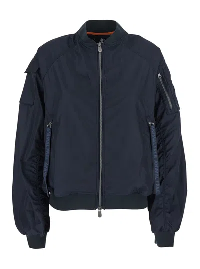 Save The Duck 'lil' Blue-black Bomber Jacket With Front Pockets And Logo Patch Applied On The Sleeve In Tech Fabri In Navy