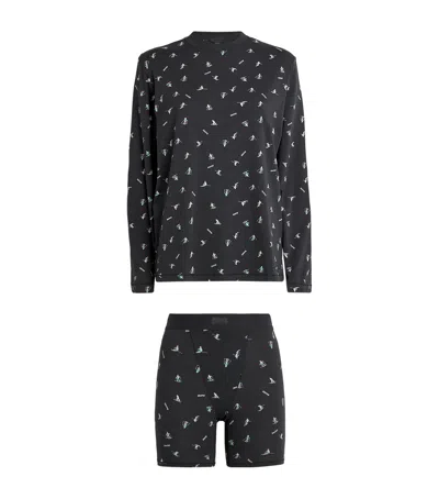 Skims Ski Print Boyfriend Long-sleeve Top & Boxers Set In Black