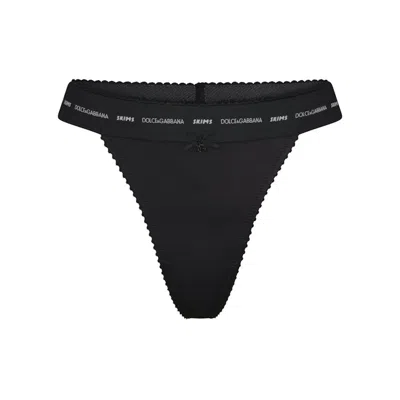 Pre-owned Skims Women's  X Dolce&gabbana Stretch Satin Thong In Onyx