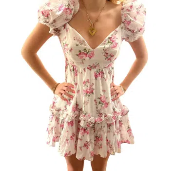 Sky To Moon Floral Puff Sleeve Open Back Dress In Soft Pink Rose In Multi