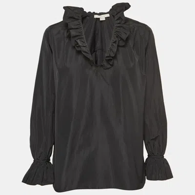 Pre-owned Stella Mccartney Black Silk Blend Crepe Ruffled V Neck Top S
