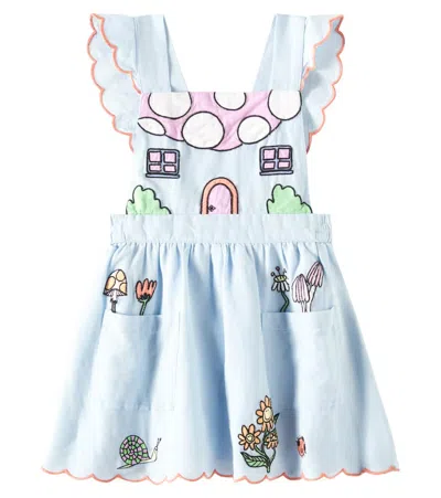 Stella Mccartney Kids' Embroidered Linen And Cotton Dress In Blue