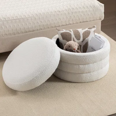 Streamdale Furniture Streamdale Boucle Fabric Storage Round Ottoman Footstool With Wooden Shelving