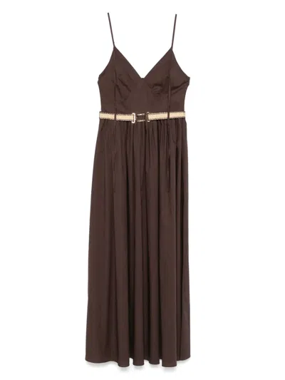 Twinset Coffee Brown Cotton Blended Long Dress With Belt Waist