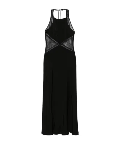 Twinset Long Satin Halterneck Dress With Lace In Black