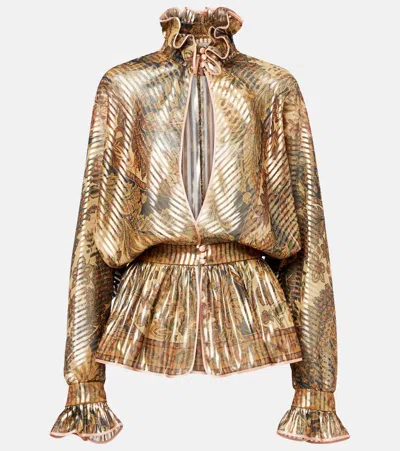 Valentino Satin-trimmed Cutout Ruffled Metallic Printed Silk-blend Chiffon Blouse In Neutrals