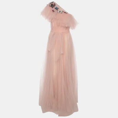 Pre-owned Valentino Pink Tulle Embellished One Shoulder Evening Dress L