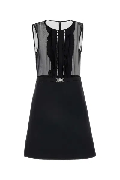 Versace Georgette Mini Dress Belted Waist In Black