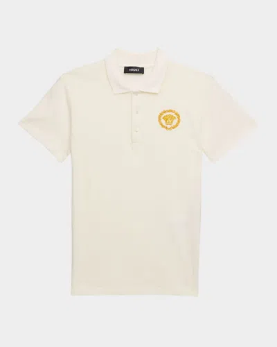 Versace Boys' Piquet Medusa Alloro Print Polo - Little Kid In White+gold