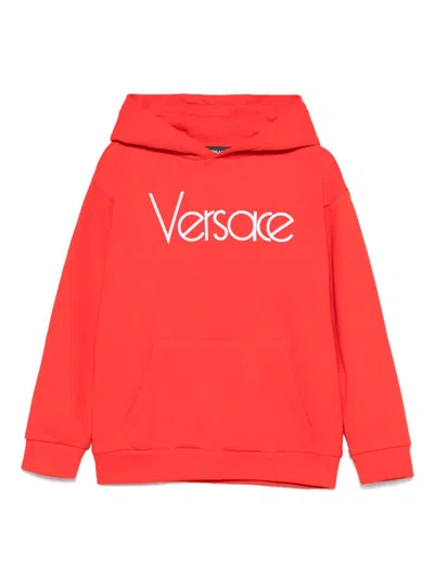 Versace Kid's Embroidered Vintage Logo-print Hoodie In Signal Red White
