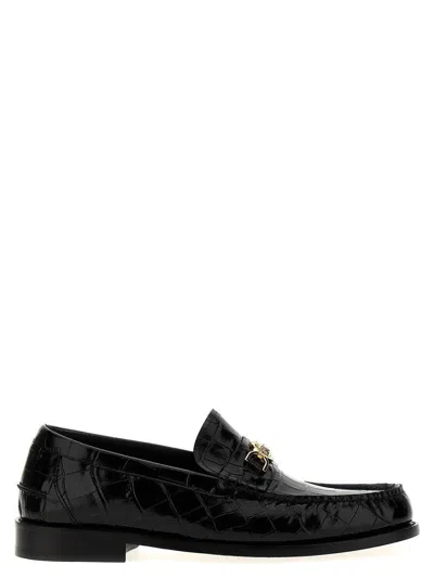 Versace Horsebit-embellished Croc-effect Patent-leather Loafers In Black