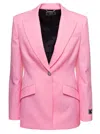 Versace Pink Single-breasted Jacket With All-over Tonal Logo Lettering Print In Wool Woman