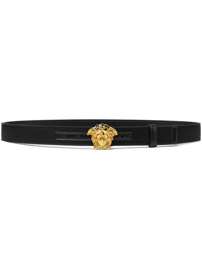 Versace Black Enamel Medusa Biggie Leather Belt In Nero Gold Ruthenium