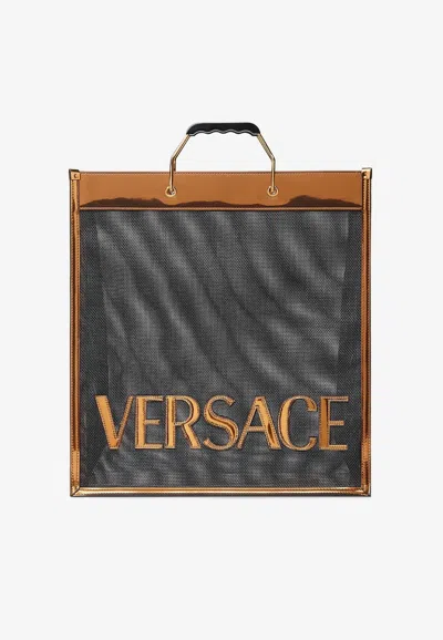 Versace Logo Tall Tote Bag In Brown